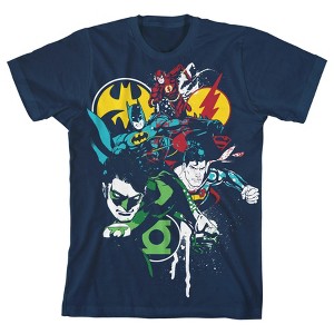 The Justice League Stenciled Superhero Graphics Youth Navy Blue Graphic Tee - 1 of 3