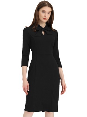 Allegra K Women's Front Tie Neck 3/4 Sleeve Work Bodycon Dress