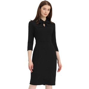 Allegra K Women's Front Tie Neck 3/4 Sleeve Work Bodycon Dress - 1 of 4