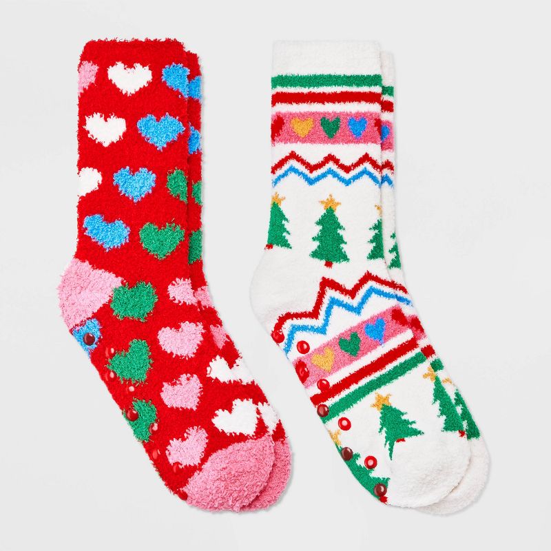 Kids' 2pk Hearts & Fairisle Cozy Crew Socks - Cat & Jack™ Cream, 1 of 5
