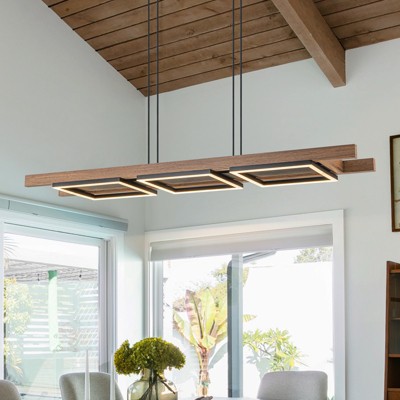 LLHZSY 3-Light Farmhouse Rustic Wood Linear Chandelier 47 1/5"  Rectangular Kitchen Island Pendant Fixture with Integrated LED