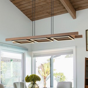 LLHZSY 3-Light Farmhouse Rustic Wood Linear Chandelier 47 1/5"  Rectangular Kitchen Island Pendant Fixture with Integrated LED - 1 of 4