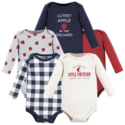Image of Hudson Baby Infant Boy Cotton Long-Sleeve Bodysuits, Apple Orchard 5-Pack, 0-3 Months