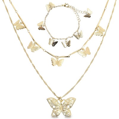 Glamlily 2 Piece Gold Butterfly Layered Necklace and Bracelet Jewelry Set for Women