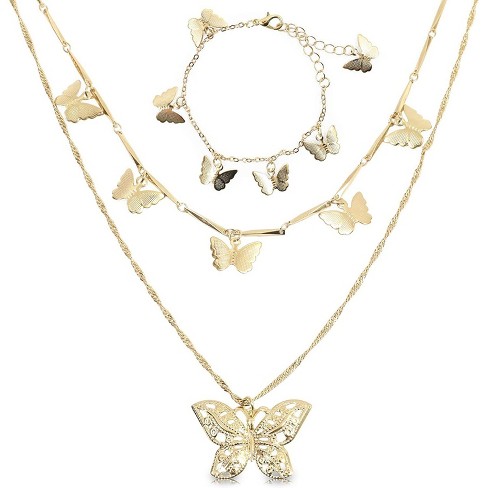 Download Glamlily 2 Piece Gold Butterfly Layered Necklace And Bracelet Jewelry Set For Women Target