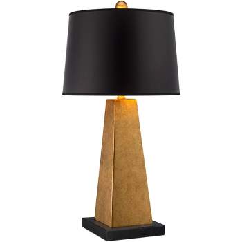 Possini Euro Design Obelisk Modern Table Lamp with Square Black Marble Riser 26" High Gold Leaf Drum Shade for Bedroom Living Room Bedside Home Kids