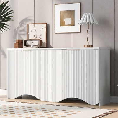 Sideboard Buffet Cabinet With 4 Doors, Modern Kitchen Storage Cabinet With Vertical Stripes Wavy Bottom Design Adjustable Shelves For Entryway