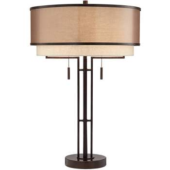 Franklin Iron Works Andes Modern Industrial Table Lamp 27 1/2" Tall Oil Rubbed Bronze with Table Top Dimmer Stacked Double Drum Shade for Bedroom Home