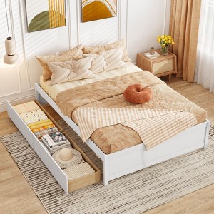 Costway Full/Queen Size Wooden Platform Bed with 2 Rolling Storage Drawers Wood Slat Support Natural/White - 1 of 4