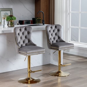 Okak Velvet Swivel Bar Stools Set of 2 Adjustable Height 27-35in, Tufted Back Thick Golden Barstools for Kitchen Island Home Pub - 1 of 4