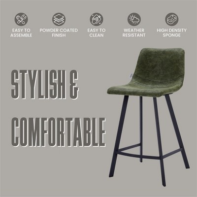 Elland Olive Green Leather Counter Stool with Stainless Steel Base