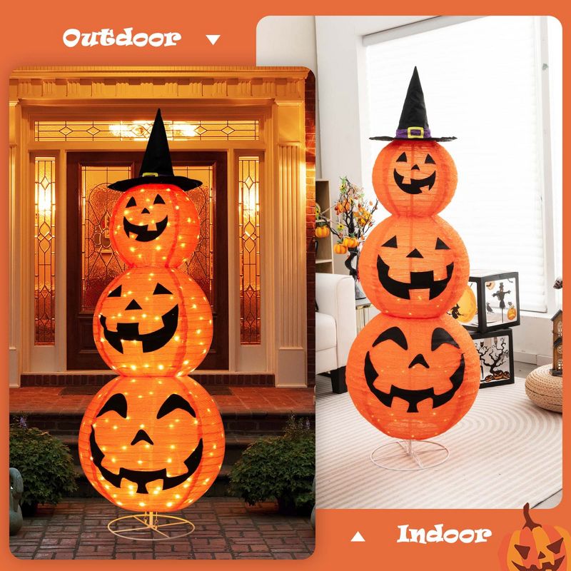 Costway 5 FT Halloween Pumpkin Decoration Triple Stacked Pre-Lit Combo w/ Witch Hat, 4 of 11