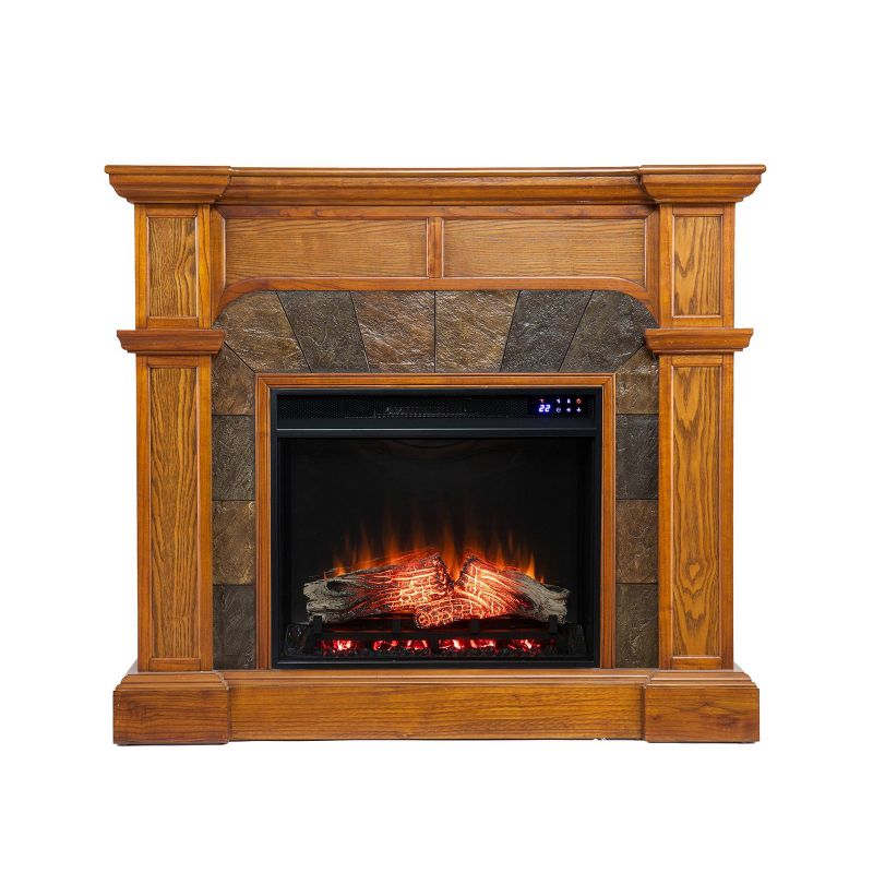 Rosnor Corner Convertible Touch Panel Electric Fireplace with Faux Stone Surround Mission Oak - Aiden Lane, 5 of 9