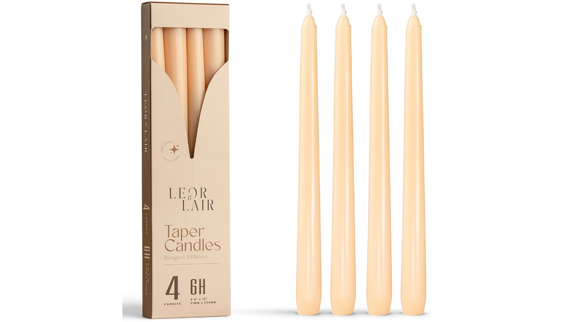Leor & Lair 10" Taper Candles - 4 Pack - Unscented Tapered Candlesticks for Dinner, Home, and Holiday
