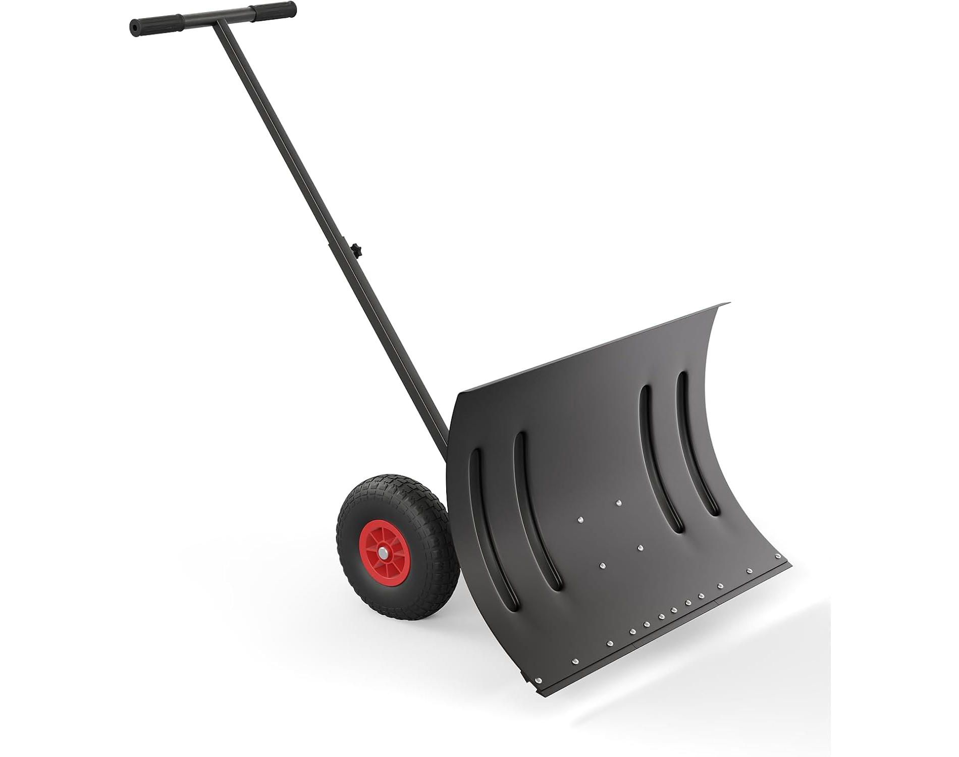 Coucheta 29" Snow Shovel Pusher for Driveway, Heavy Duty Metal Wheeled Snow Plow with Adjustable Handle&Angled Blade,Ergonomic Single Snow Removal