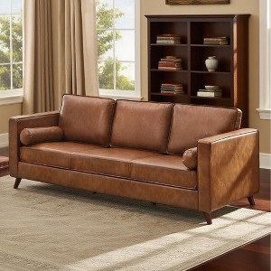 81" Faux Leather Sofa, Mid Century Modern Deep Seat Couch, Upholstered Cushion&Removable Cover, Brown PU Couch - 1 of 4