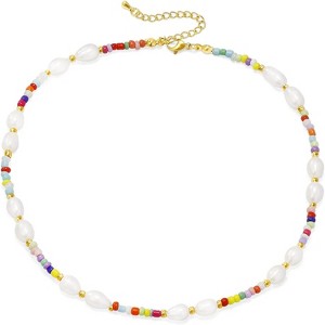Colorful Beaded Necklace - Freshwater Pearl & Evil Eye Pendant, Stainless Steel 18K Gold Plated Y2K Trendy Jewelry for Women & Teen Girls - 1 of 4