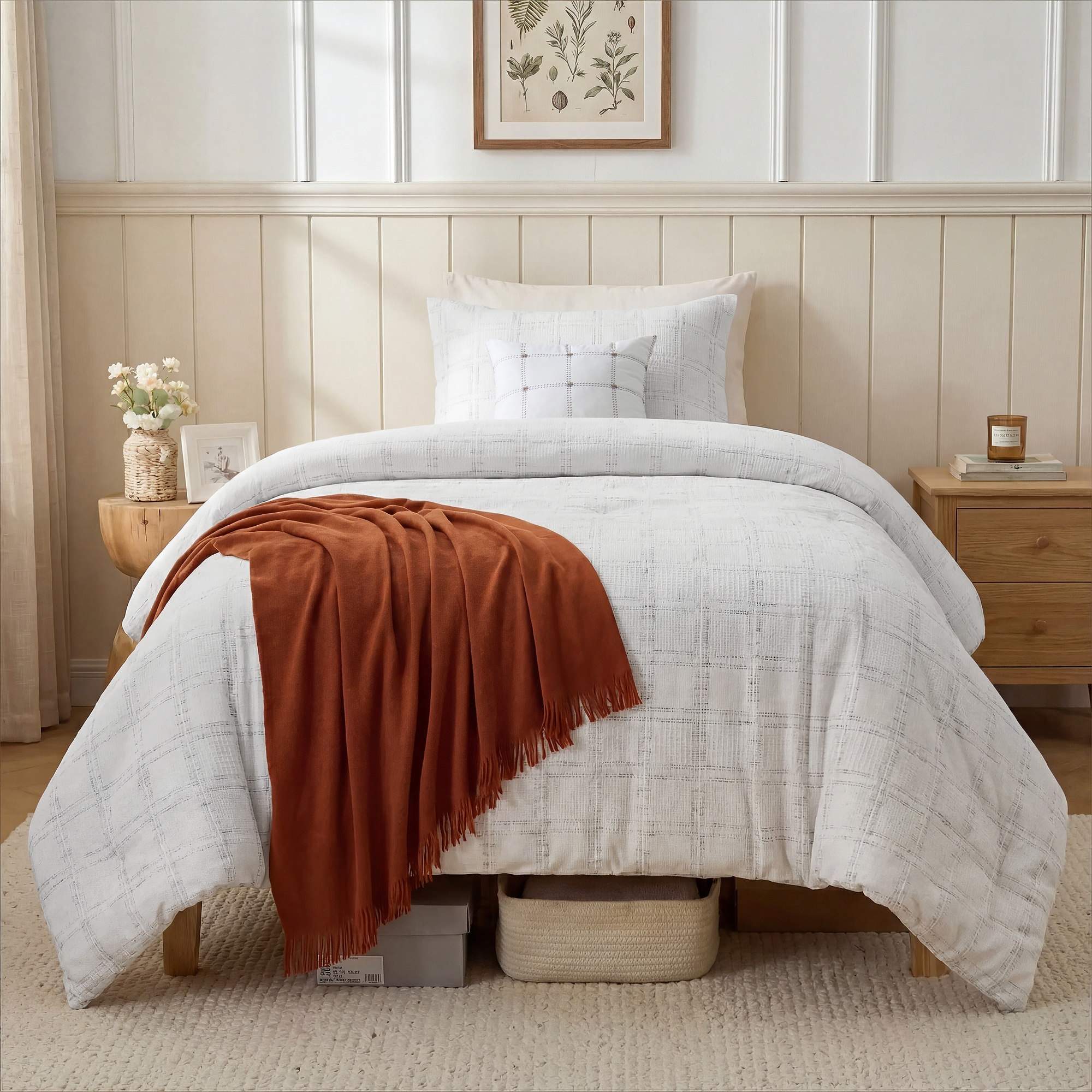 3Pcs Waffle Weave Plaid Comforter Set, Ultra Soft Microfiber Filling Comforter with Matching Shams and Pillows, White/Multi, King/Cal King