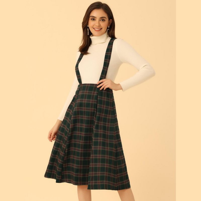 Allegra K Women's Vintage Plaid A-Line Tartan Suspender Midi Skirt, 2 of 5