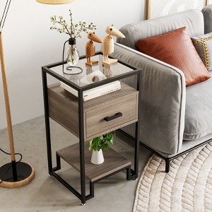 coucheta Nightstands with Storage Drawer and 3-Tier Storage，Small End Table with Steel Frame and Tempered Glass Top, for Bedroom, Living Room - 1 of 4