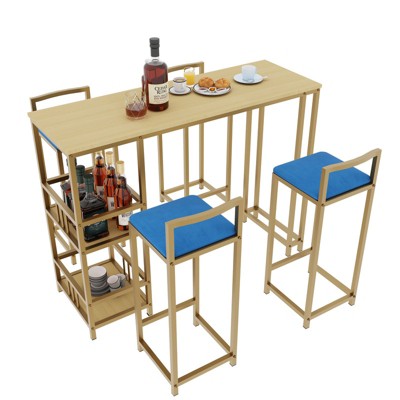Aukfa Luxury Gold 5-piece Bar Table and Chair Set - with Sponge Cushion Backrest and Storage Function, Suitable for Home