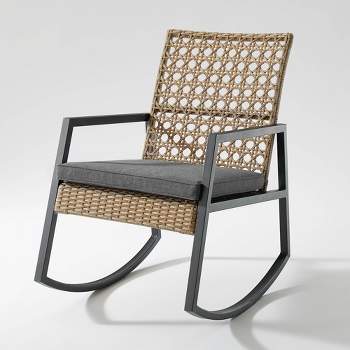 Komodo Modern Boho Faux Rattan & Metal Outdoor Rocking Chair with Cushion - Brown/Gray - Saracina Home