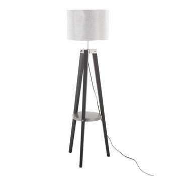 LumiSource Compass Mid-Century Modern Floor Lamp with Shelf in Black Wood Silver Metal and Gray Linen