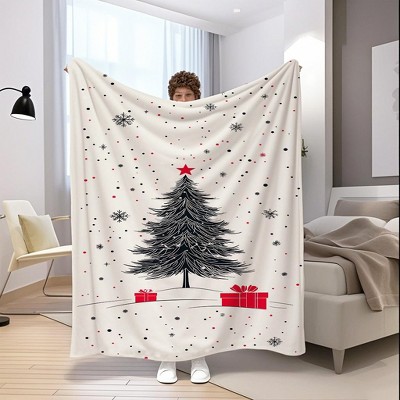 1-Pack Cozy Plush Flannel Christmas Tree Fuzzy Blanket - White with Black/Grey Pine Tree & Red Dots Snowflake Pattern.