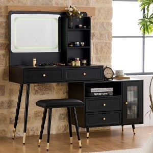 KWPZQEB Vanity Desk with Mirror and Lights, Makeup Vanity Table with Movable Cabinet & Power Outlet, Dressing Table for Bedroom Dressing Room - 1 of 4