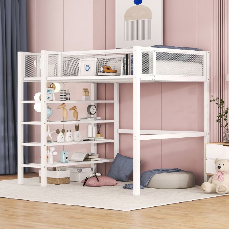 Metal Twin Size Loft Bed with 4 Shelves and Storage - ModernLuxe, 1 of 11