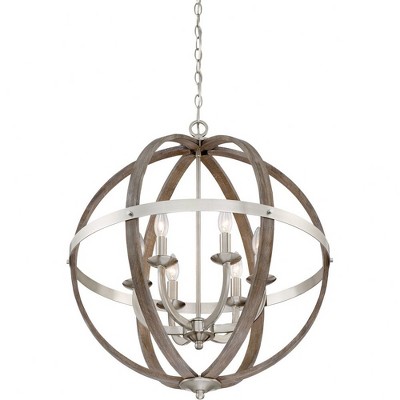 Brushed Nickel and Faux Wood Globe Chandelier, 24.75"