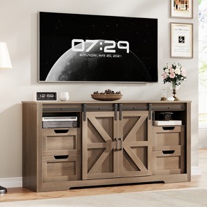 COZONY Farmhouse TV Stand for Up to 70 in TVs, 66 in Wood Entertainment Center with 4 Drawers, Sliding Barn Door & Storage Shelves for Living Room - 1 of 4