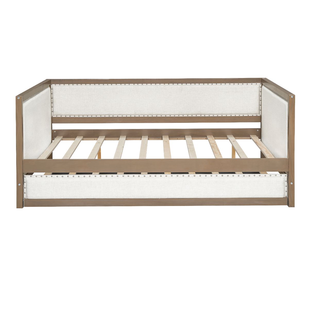 Open beige upholstered daybed frame with slats and trundle support