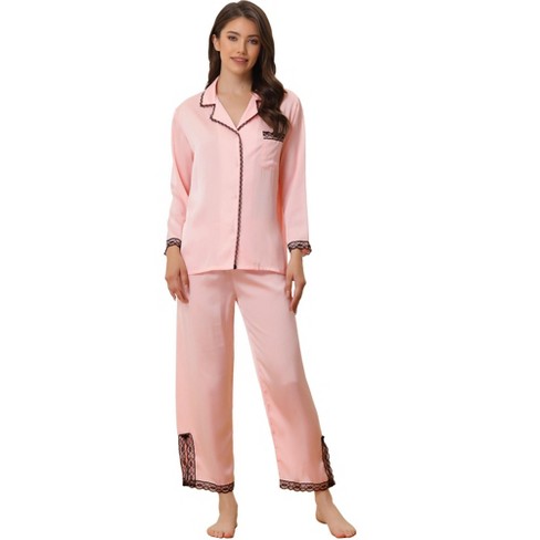 cheibear Women's Satin Lace Long Sleeve Button-Down Shirt with Pants Pajama  Sets 2 Pcs Pink Small