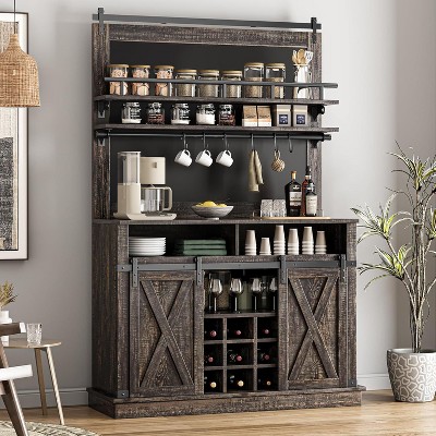 Bar Cabinet 75" Tall Coffee Hutch Large Kitchens Hutch Farmhouse Coffee Bar Cabinet Cupboard with Sliding Barn