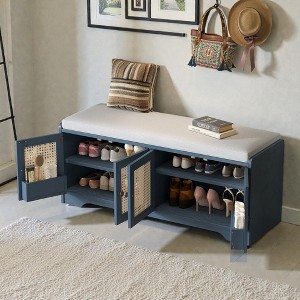 Mshliw Rustic Storage Bench with Removable Cushion, Wooden Entryway Shoe Bench with Woven Rattan Doors & Adjustable Shelves for Hallway - 1 of 4