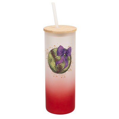 Elanze Designs 25 Ounce Frosted Glass Gradient Travel Tumbler With Straw and Wooden Lid, Softball With Purple Bow Red
