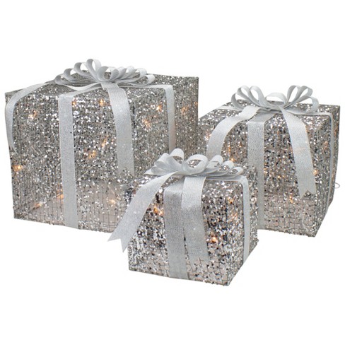Northlight Set Of 3 Led Lighted Silver Glitter Threaded Gift Boxes ...