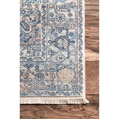Light Blue Vintage Medallion Fringe Easy-Care Runner Rug
