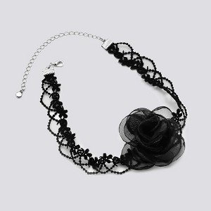 Lace Choker Necklace with Frontal Rose Accent - Wild Fable™ Black/Silver - 1 of 2