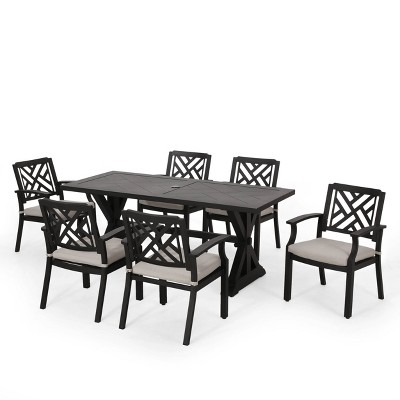 Waterford 7pc Outdoor Aluminum Dining Set with Bench - Antique Black/Light Beige - Christopher Knight Home