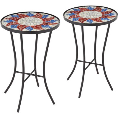 Teal Island Designs Modern Black Round Outdoor Accent Side Tables Set of 2 14" Wide Red Sunburst Mosaic Tabletop Front Porch Patio Home House