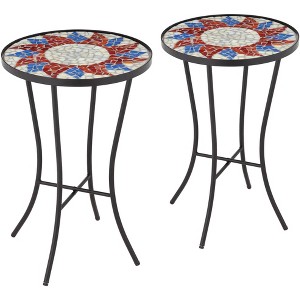 Teal Island Designs Modern Black Round Outdoor Accent Side Tables 14" Wide Set of 2 Red Sunburst Mosaic Tabletop Front Porch Patio Home House - 1 of 4