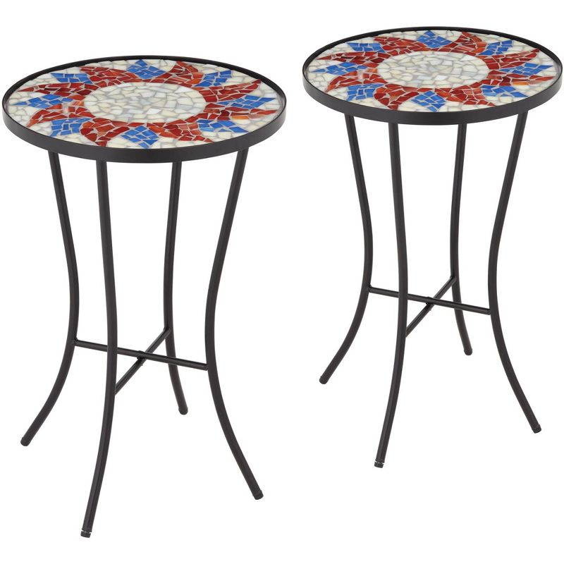 Teal Island Designs Modern Black Round Outdoor Accent Side Tables 14" Wide Set of 2 Red Sunburst Mosaic Tabletop Front Porch Patio Home House, 1 of 8