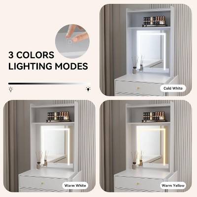 White Compact Vanity Desk Set with Adjustable Mirror and Storage Bench