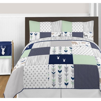 Sweet Jojo Designs Full/Queen Comforter Bedding Set Woodsy Blue, Green and Grey 3 pc
