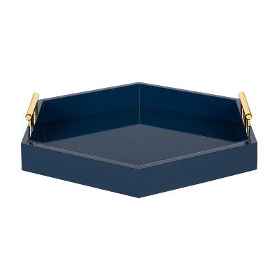 Navy Blue Rectangular Wood Accent Tray with Metal Handles