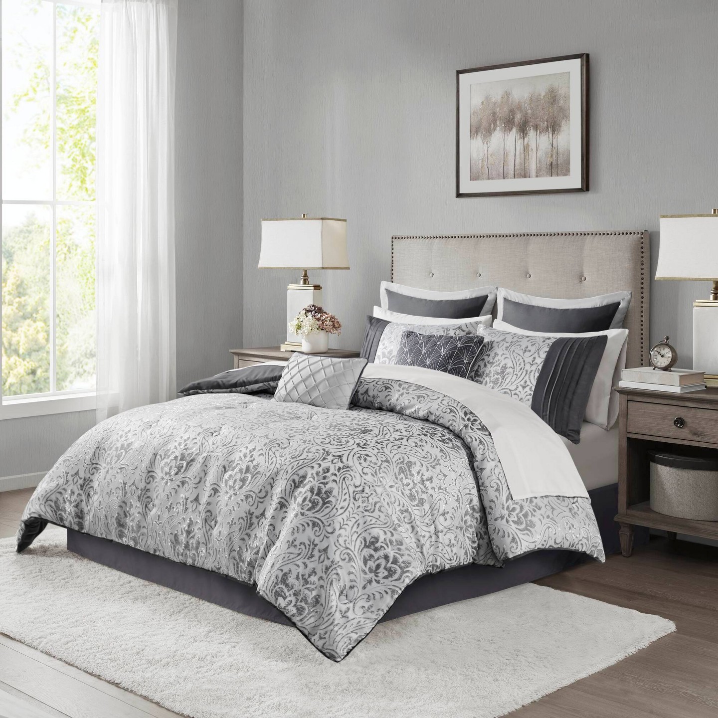 Комплект с одеялом Madison Park 12pc Queen Grace Jacquard Comforter Set with Bed Sheet Silver, цвет: Серебряный — фото 2