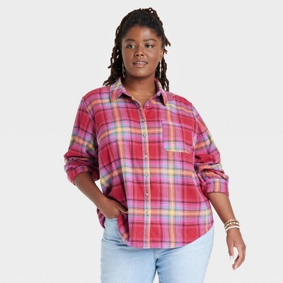 Women's Long Sleeve Relaxed Fit Button-Down Flannel Shirt - Universal Thread™ Pink Plaid