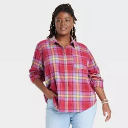 Women's Plus Size Long Sleeve Relaxed Fit Button-Down Flannel Shirt - Universal Thread™ Pink Plaid 4X
